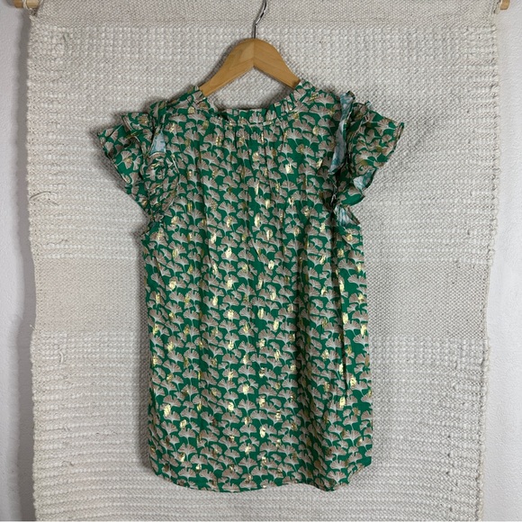 PERIWINKLE COLLECTION green and gold ginkgo print ruffled sleeve top XS - Picture 4 of 6